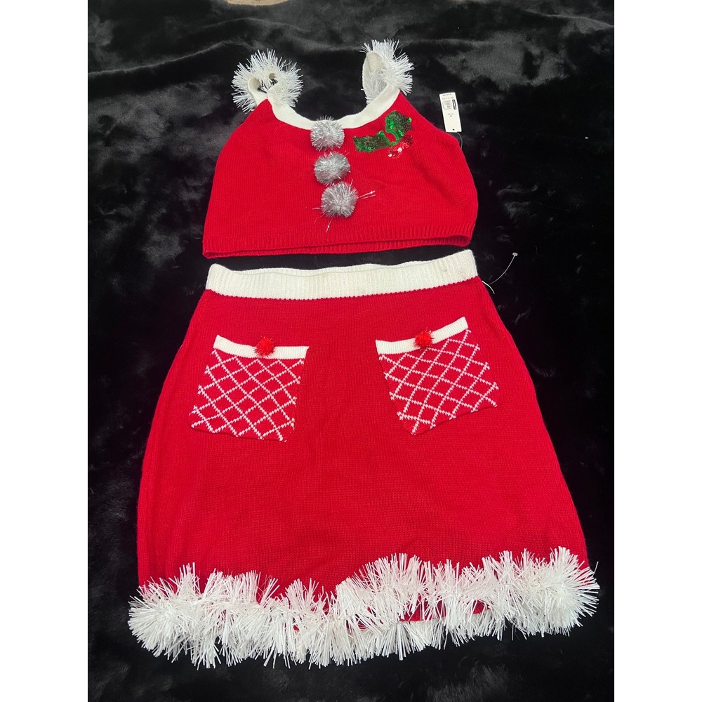 NOBO Red Knit Christmas‎ 2 PC Top & Skirt Set Holly Pom Poms Medium M